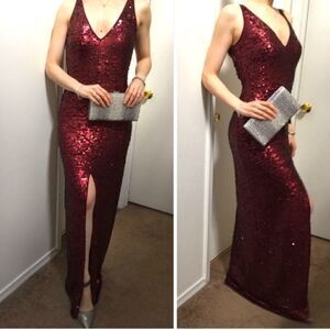 Bcbg maxazria sequins front slit v neck gown dress